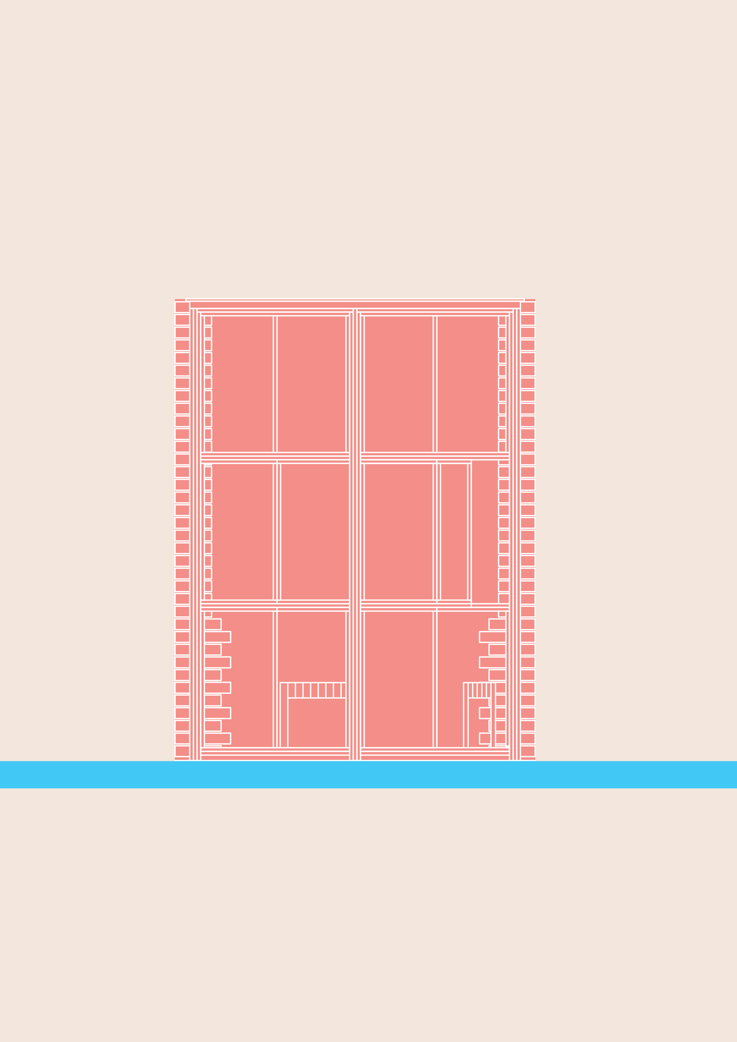 Eine beige-rote Grafik von der Holzfassade eines Anbaus.