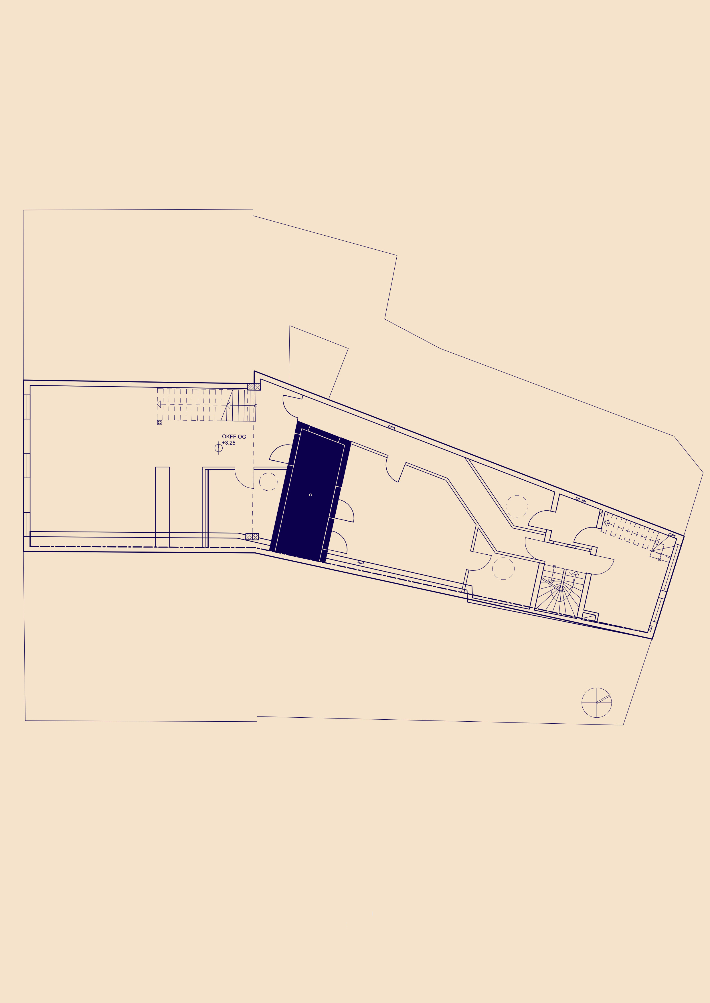 Eine beige-lila Grafik von einem Grundriss mit eingef&auml;rbtem Lichthof.